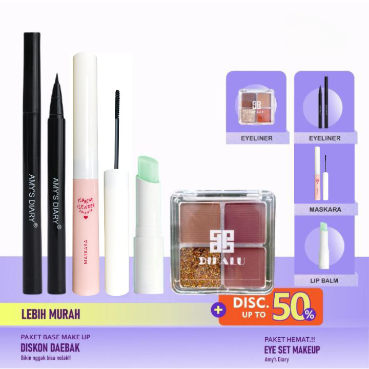 [PAKET HEMAT] Eye Set Makeup Amy's Diary 4 in 1 Lip Balm Maskara Eyeliner Eyeshadow 4 Warna Pigmented