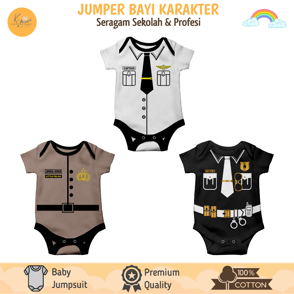Baju Bayi Jumper Romper Jumsuit Baby Newborn 0 12 Bulan Karakter Lucu Seragam Pilot Police Polisi Li