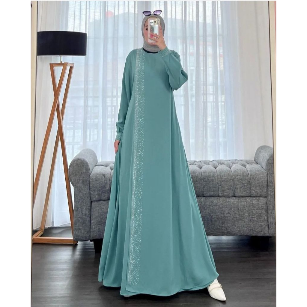 ALFAZZA KADIZAH DRESS - Dress Wanita Kekinian Matt Crinkle -  Casual Dress - Gamis Muslim Wanita Aplikasi Mutiara