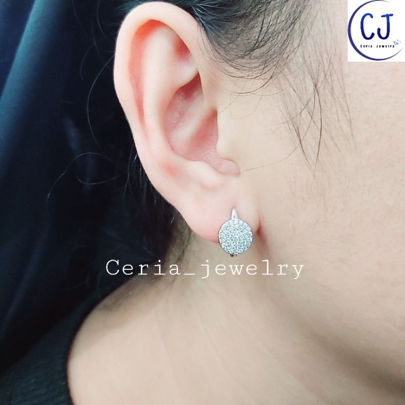 Anting Perak Asli Silver 925 Lapis Emas Putih Model Jepit Bulat - Anting Wanita Anti Karat