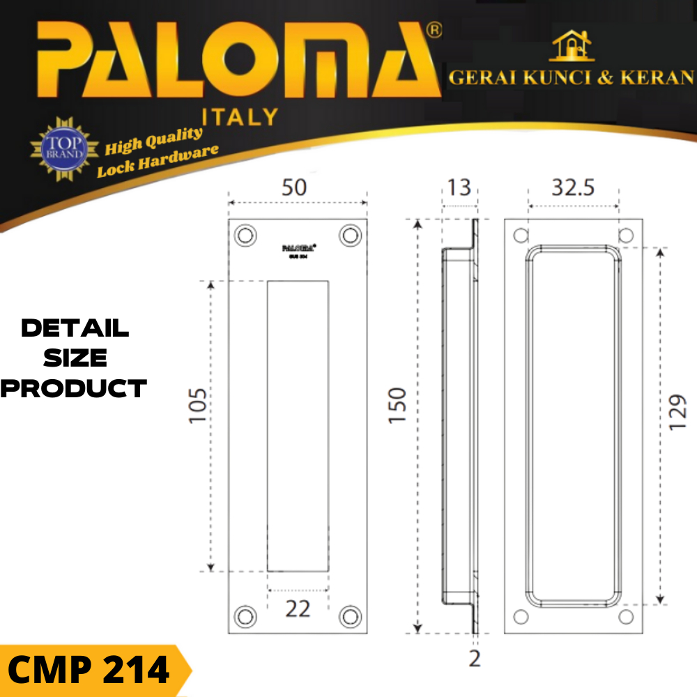 PALOMA CMP 214 COMEN GAGANG PINTU SLIDING SQUARE 15 CM STAINLESS SSS