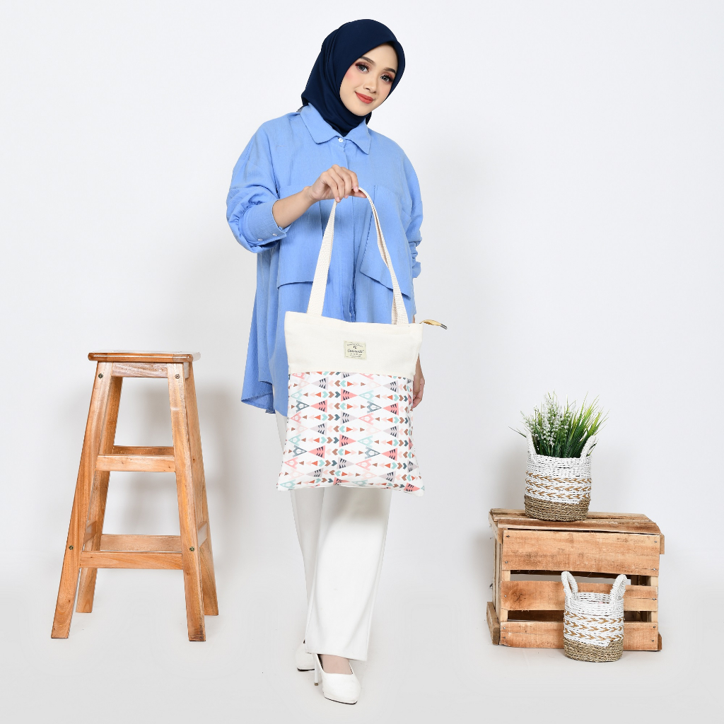 TOTEBAG WANITA RESLETING / TAS TOTE KANVAS JEANS BISA CUSTOM SABLON DAN WARNA TB 004 B