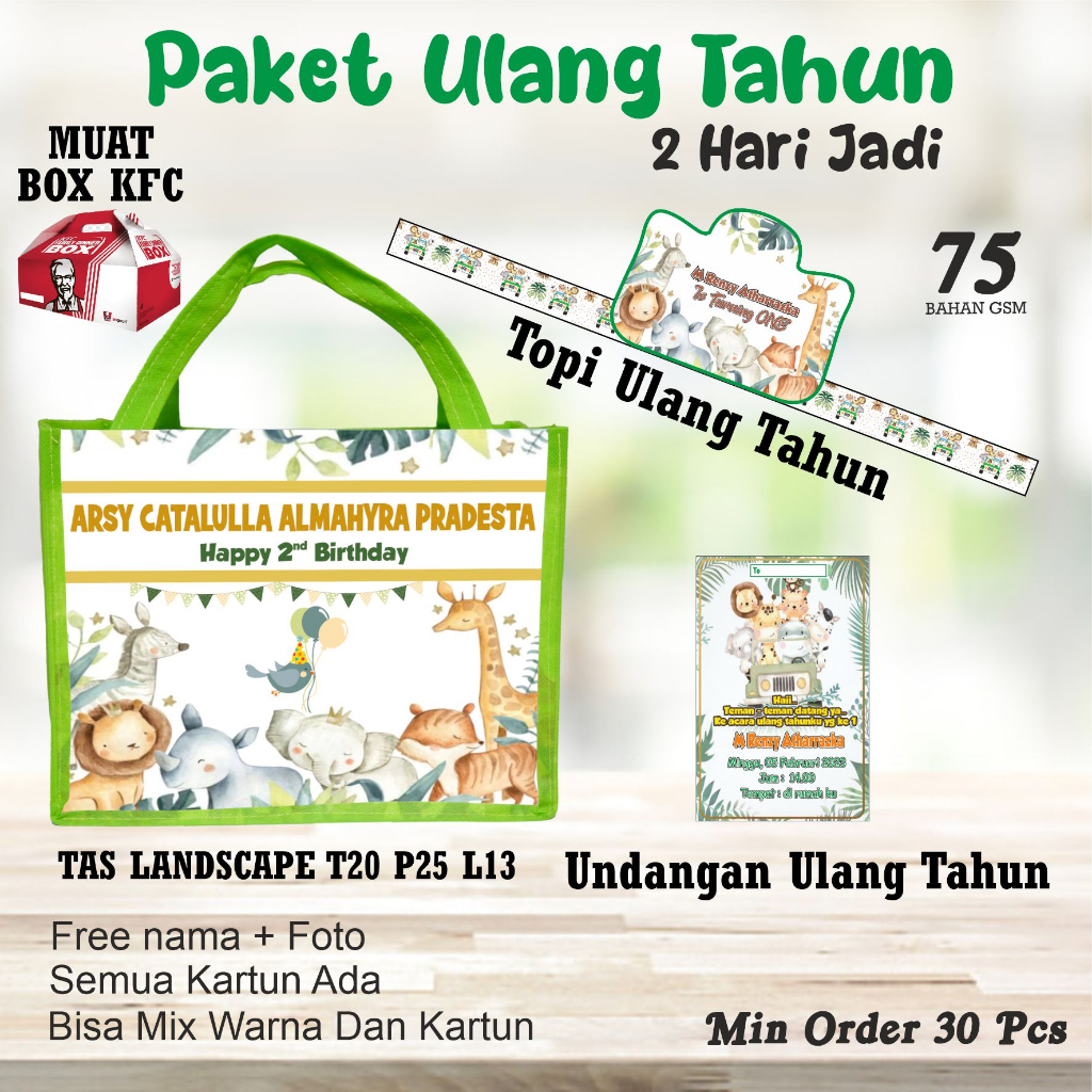 

PAKET 100 PCS BERGAMBAR ANIMAL/FREE DESAIN FOTO DAN NAMA/TAS BERGAMBAR ANIMAL/BINGKISAN ULTAH