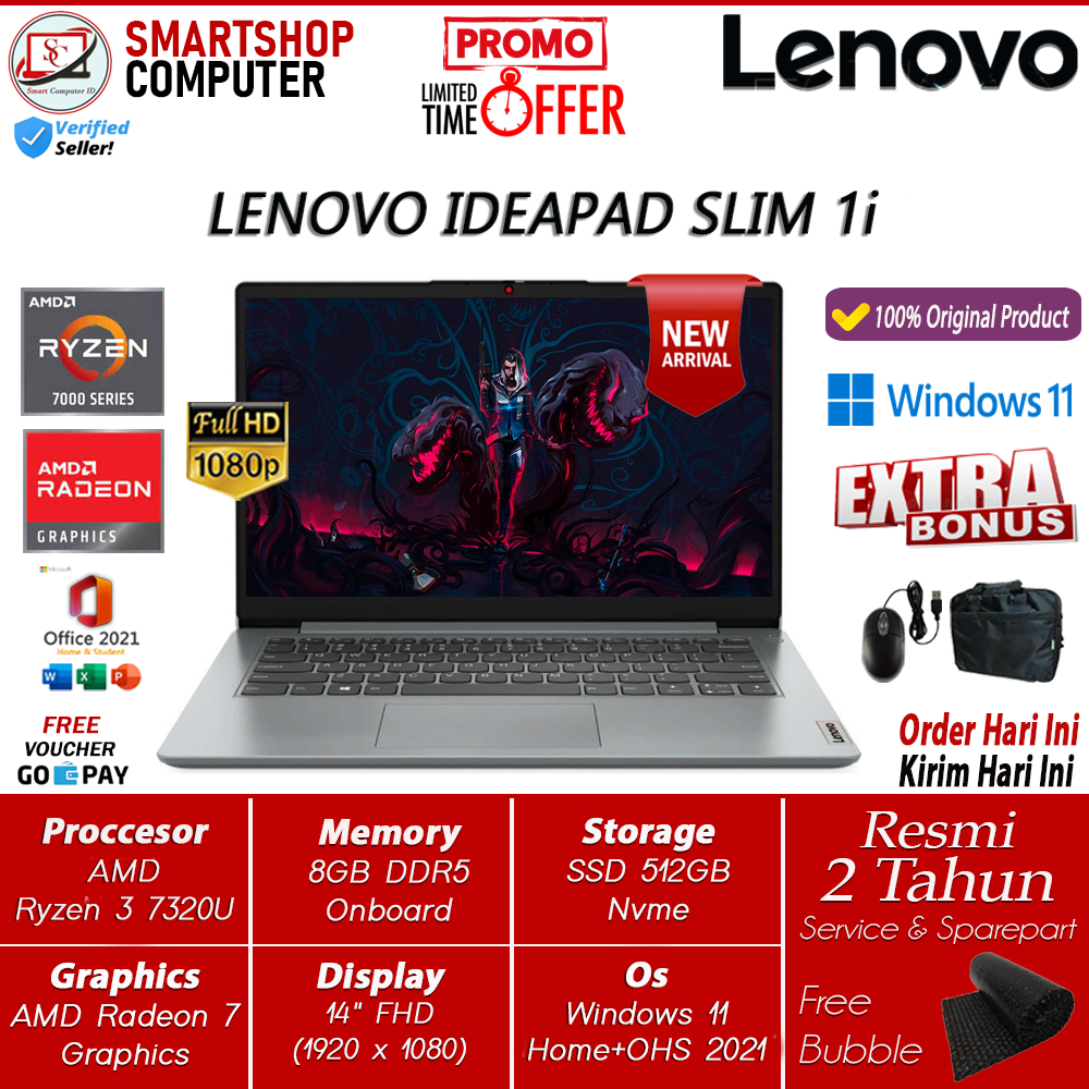 Laptop Gaming Lenovo Ideapad Slim 1 Amd Ryzen 3 7320U Ram 8GB 512GB SSD 14 FHD Windows 11 OHS