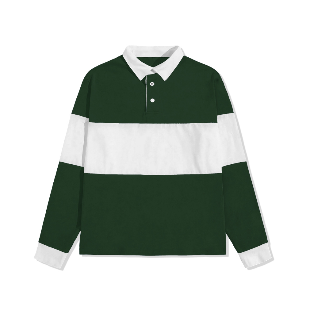 Sweatshirt Kaos Polo Pria dan Wanita Kaos Oversize Rugby Shirt-Green White