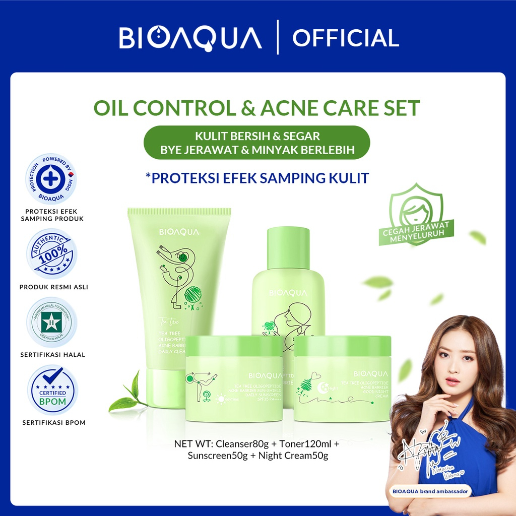 BIOAQUA Niacinamide Glowing &amp; Brightening / Tea Tree Oligopeptide Acne Set isi (4) With Cleanser / Toner / Sunscreen / Night Cream - Bioaqua Paket Skincare Wajah - Bpom