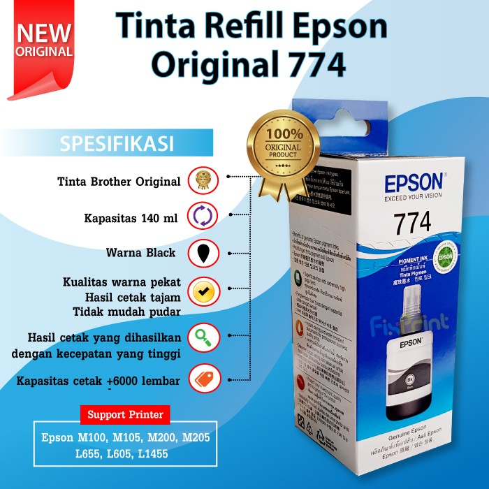 Tinta Refill Botol Epson Original 774 T774 T7741 Black, Printer M100 M