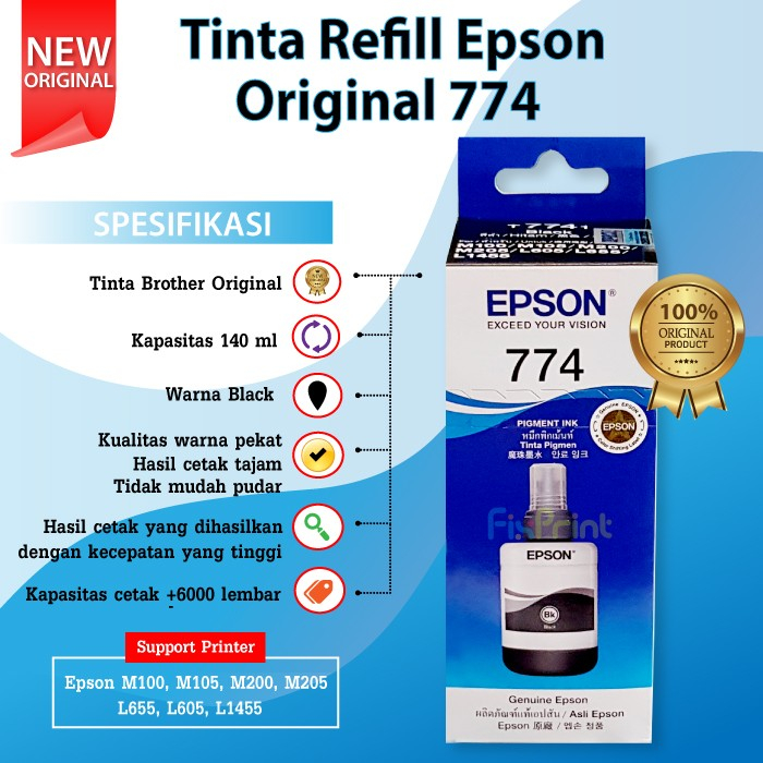 Tinta Refill Botol Epson Original 774 T774 T7741 Black, Printer M100 M