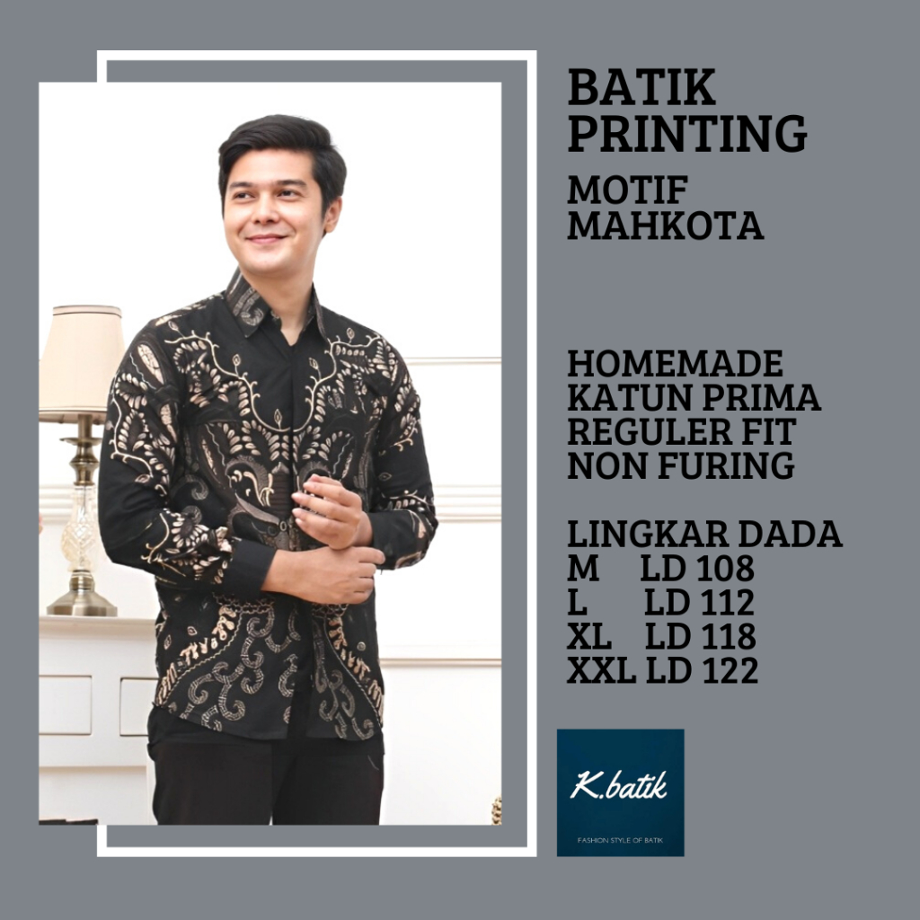 KEMEJA BATIK PRIA LENGAN PANJANG MOTIF MAHKOTA HITAM BATIK MODERN BATIK SERAGAMAN KANTORAN BATIK PEKALONGAN BATIK KATUN