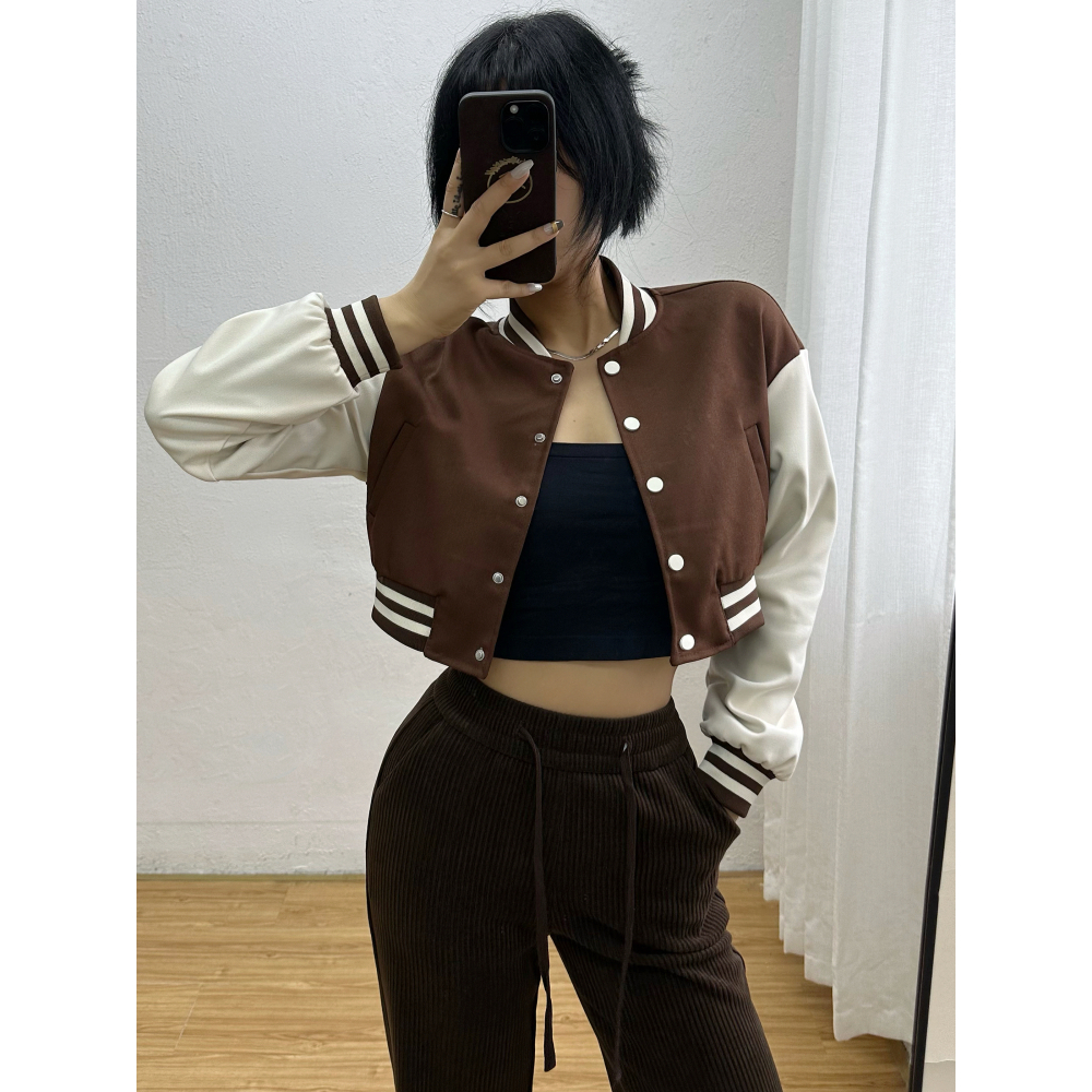 2 warna Korean Style jaket baseball wanita oversize Crop Kotak-kotak Jaket