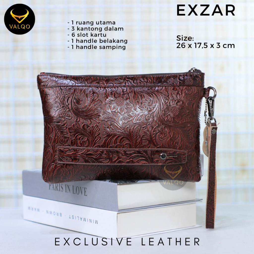 [VALQO] EXZAR Clutch kulit Sapi Motif Batik Pouch Kulit Handbag Wanita Pria 6 Slot Kartu Tas Tangan