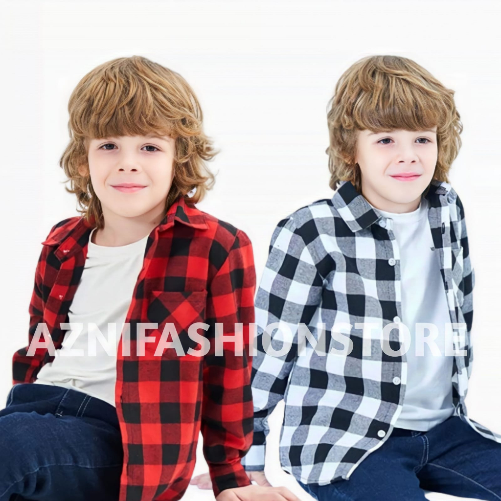 Kemeja Flanel Anak Laki Laki Perempuan Unisex Usia 3-13 Tahun Motif Kotak Hem Anak Cowok Pakaian Ana