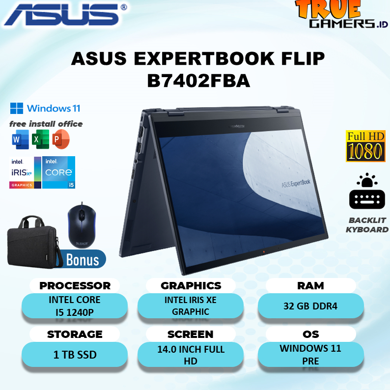 Laptop Asus expertbook 2in1 touch B7402FBA I5 1240P 32GB 1TBSSD Win 11 14.0 Full HD