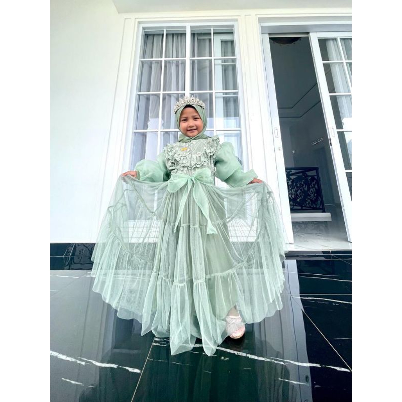 Gamis pesta princes burkat mix organza anak/gaun pesta anak burkat/dress anak organza terbaru/bisa cod/gamis gaun pesta anak inara