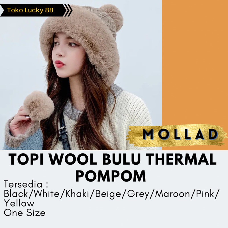 IMPORT MOLLAD Topi Rajut Wool bulu Pom pom Hat Fur infinity wool Snow Winter Musim dingin rusia Tebal hangat Thermal