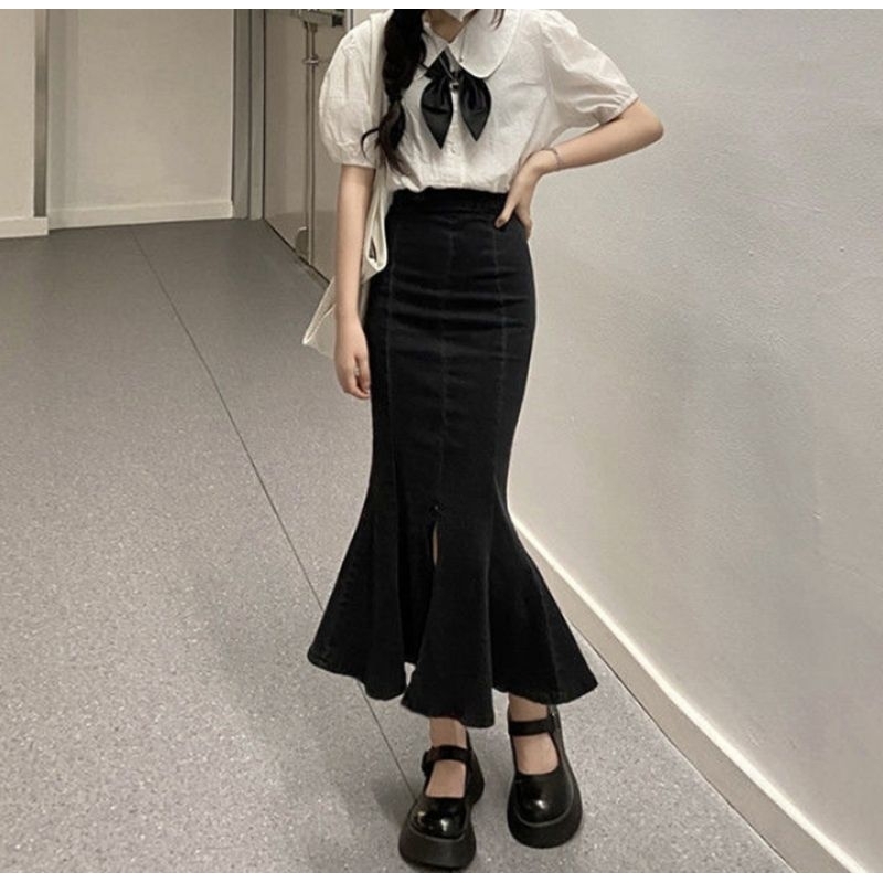 Rok korean style fishtail jeans ruffle