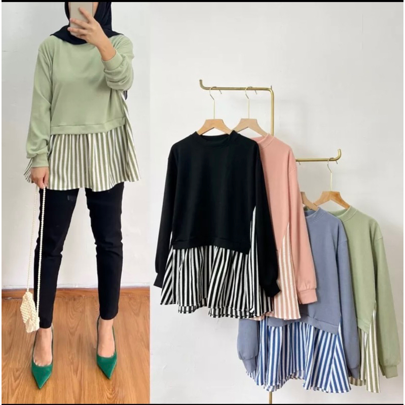 atasan kaos knit kombinasi crinkle salur