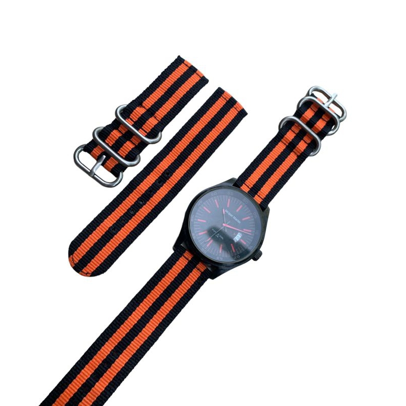 Strap tali jam tangan kanvas nylon kombinasi oren hitam 22mm