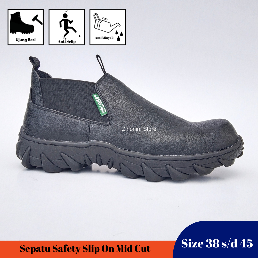 Sepatu Safety Slip On Mid Cut Pria Ujung Besi Tanpa Tali Hitam Kerja Ukuran 38 39 40 41 42 43 44 45 Zinonim Store