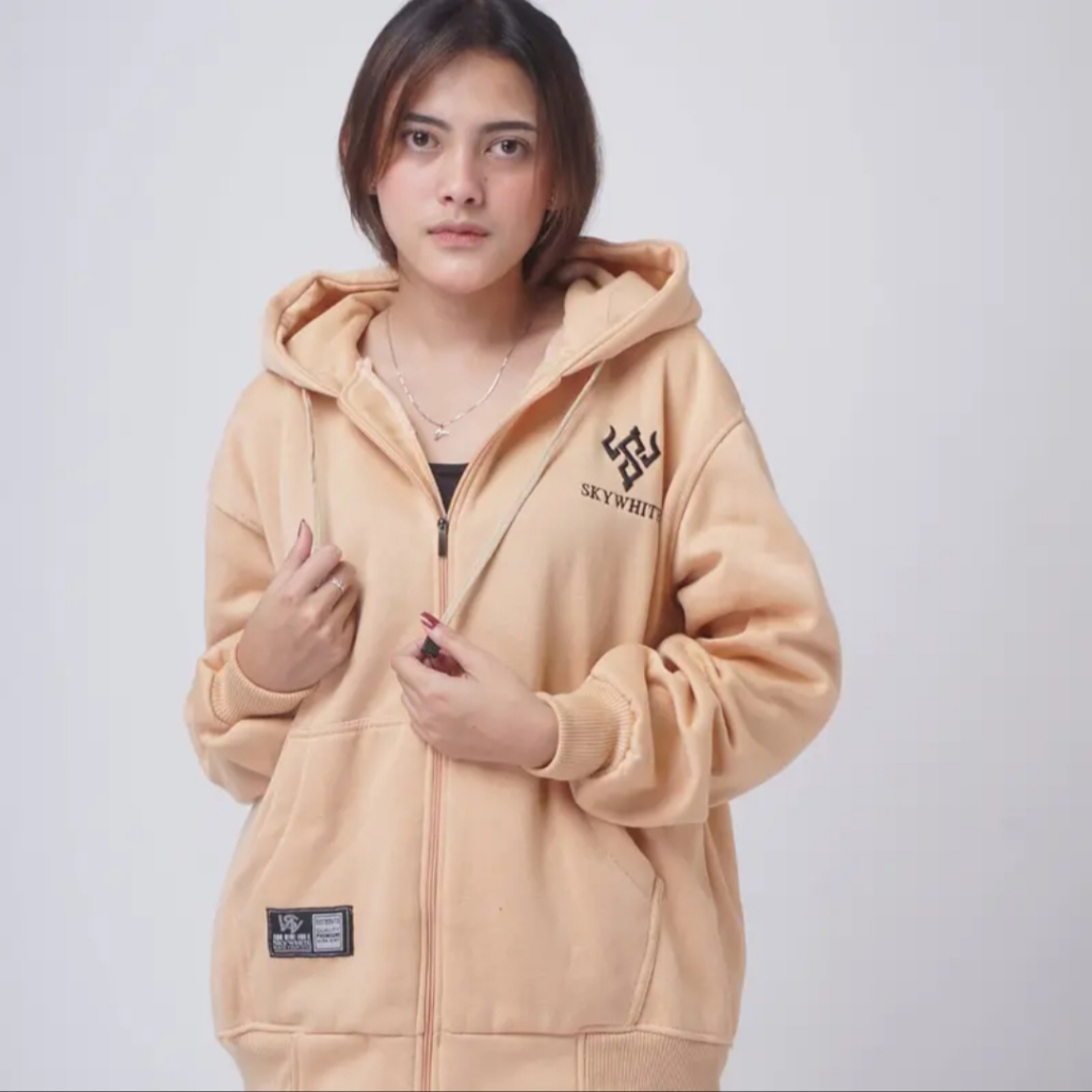 SKY WHITE HOODIE SWEATER ZIPPER PRIA WANITA BAHAN TEBAL BORDIR TIMBUL / JAKET PRIA WANITA VIRAL TERBARU