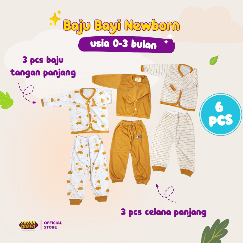 Isi 6 PCS - Baju Bayi Baru Lahir Lengan Panjang Kancing Depan Usia 0-3 Bulan