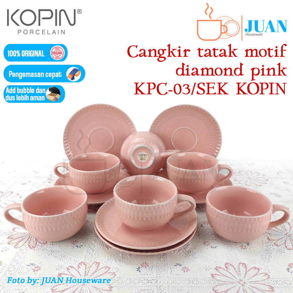 KOPIN 6 pasang cangkir + tatakan keramik diamond ungu / tea cup and saucer KPC-03