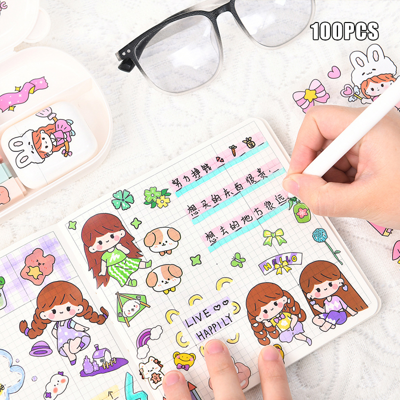 Stiker Motif Kartun Korea Lucu Anti Air 1 box 100lbr /Dekorasi Handbook Scrapbook DIY/Stiker kartun tahan air PET