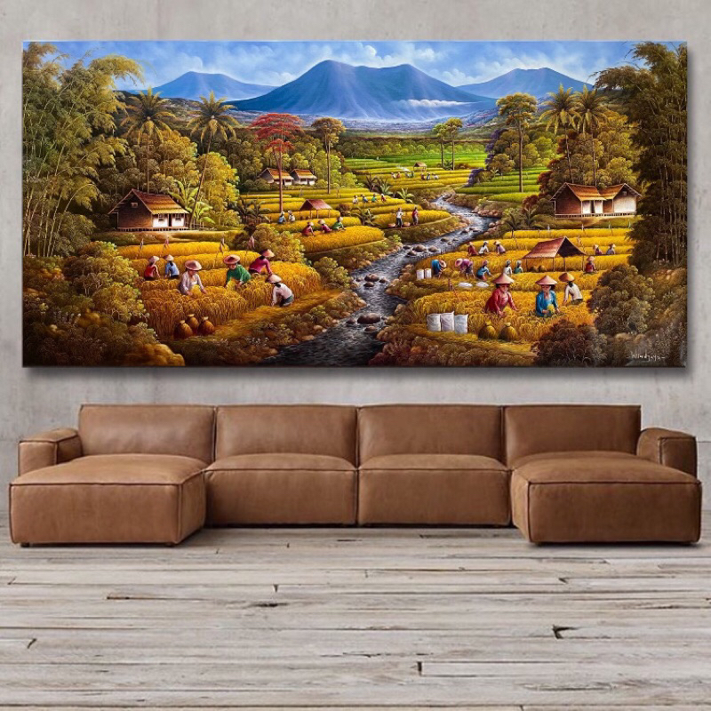 Lukisan Pemandangan Panen Sawah Besar 2 x 1 Meter, 200 x 100 cm, Lukisan Kanvas, Karya Wirajaya
