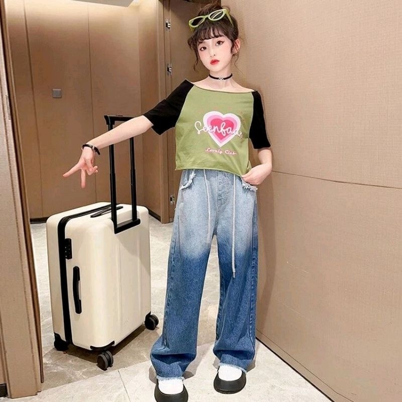 SETELAN KULOT HEART / SETELAN ANAK TANGGUNG PREMIUM IMPORT MODEL ATASAN SABRINA CELANA KULOT GRADASI