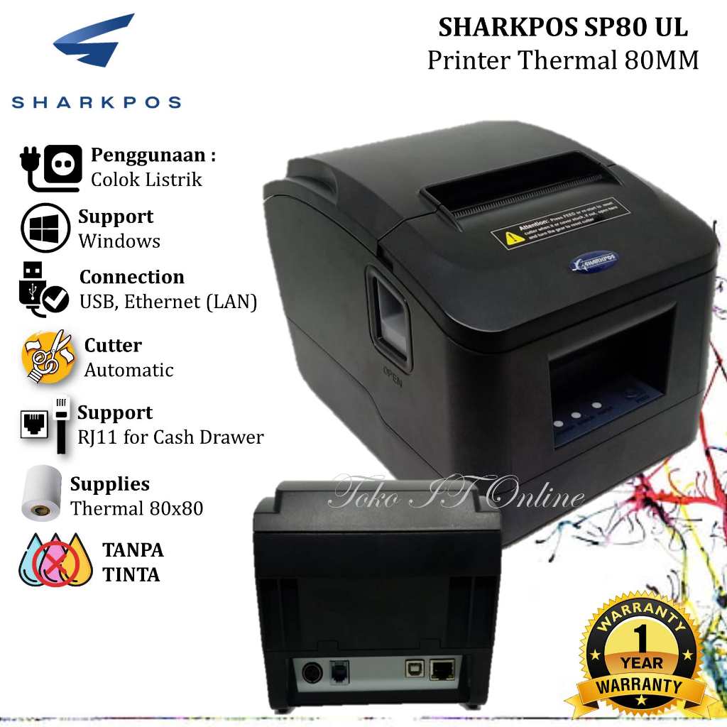 PRINTER STRUK THERMAL 80MM USB LAN SERIAL BLUETOOTH RPP02N SHARKPOS SP80 SUPPORT RJ11 AUTO CUTTER