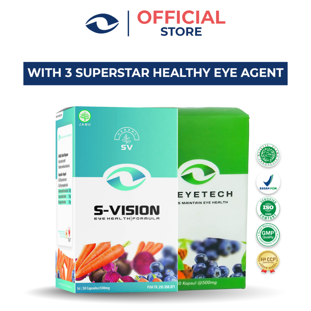 SMART VISION Suplemen Mata Minus, Plus, &amp; Silinder Terbaik - 1 Botol S Vision 30 Kapsul  1 Botol S Eyetech 30 Kapsul