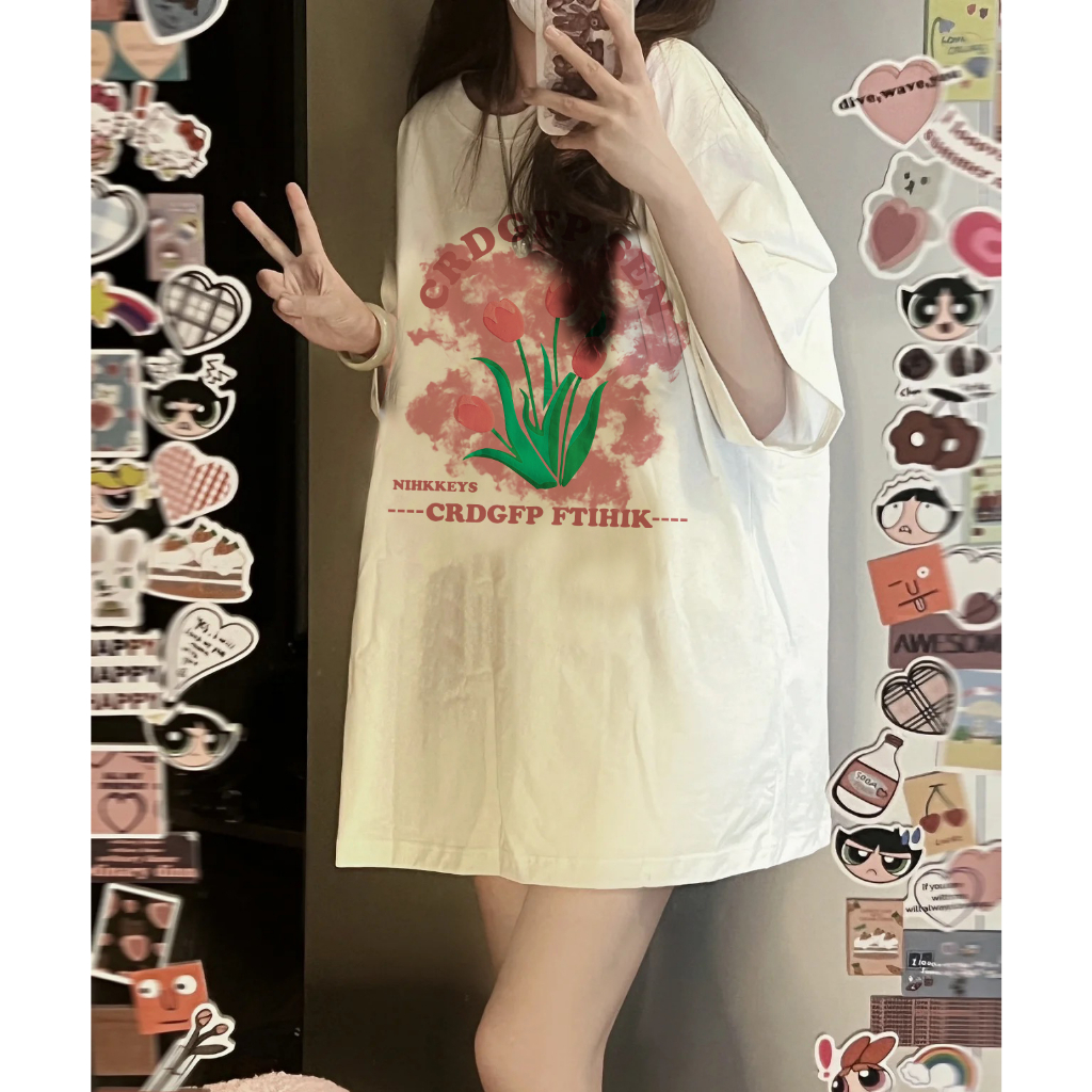 EUNII T-shirt Lengan Pendek Cartoon Pink Tulip Korean Style/Kaos Atasan Wanita/Baju Kaus Oversize Wanita/Kaos Wanita