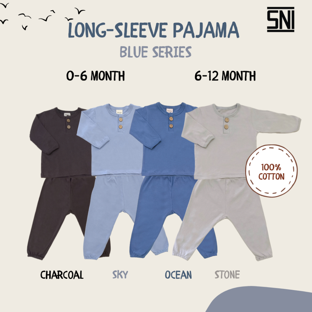 Hellomigu Long Sleeve Pajama Set/ Piyama Baju Tidur Setelan Bayi Perempuan Laki laki Anak Cewe Cowo Bayi Polos 0-6 6-12 Bulan Blue Series