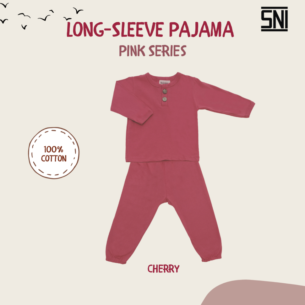 Hellomigu Long Sleeve Pajama Set/ Piyama Baju Tidur Setelan Bayi Perempuan Laki laki Anak Cewe Cowo Bayi Polos 0-6 6-12 Bulan Pink Series