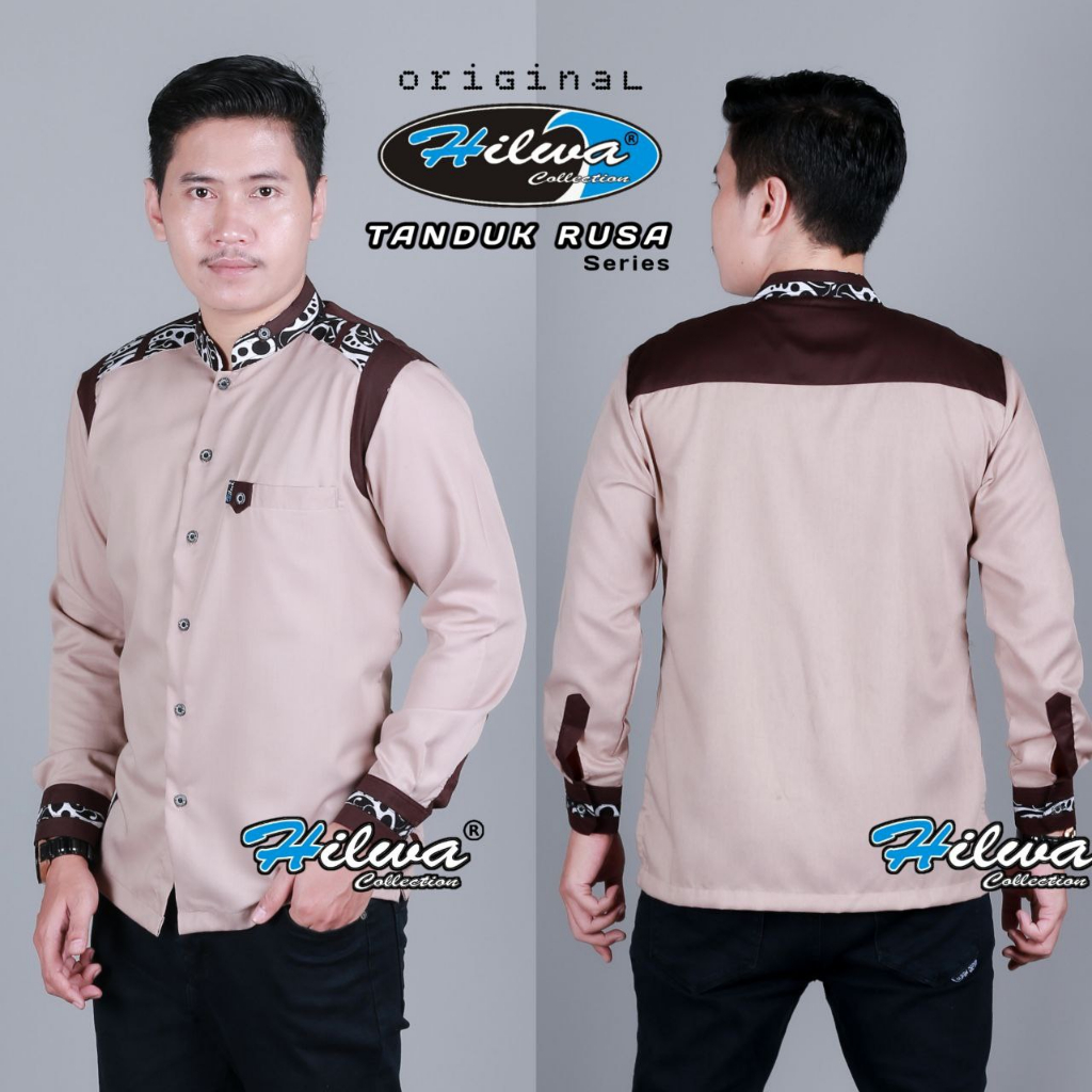 Kemeja Koko Polos Kombinasi Batik Lengan Panjang Motif Tanduk Rusa Warna Coksu Original Hilwa Collec