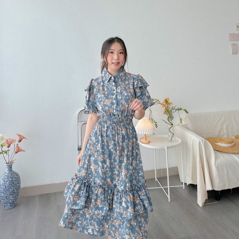 KANON - Siren Crinkle Dress - Dress pantai / musim panas midi vintage korean look motif bunga