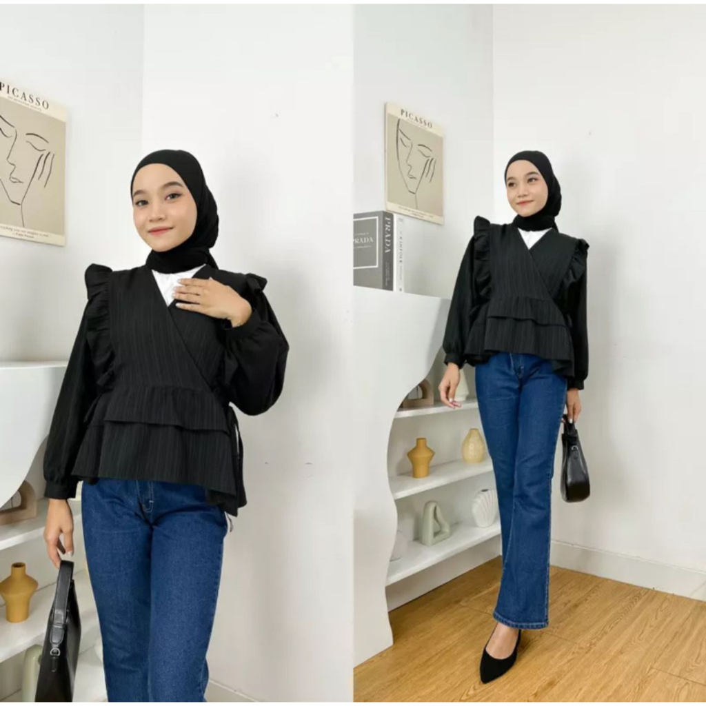 Sani Blouse Lady Crush Atasan Wanita Semi Outer Kerah Vneck Lengan Panjang Korean Style OOTD Remaja Kekinian