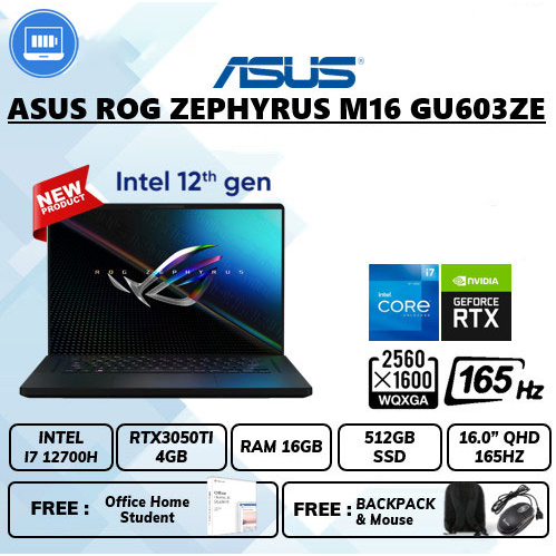 Laptop Asus rog zephyrus m16 gu603ze rtx3050ti 4gb i7 12700h ram 16gb ssd 512gb 16&quot;