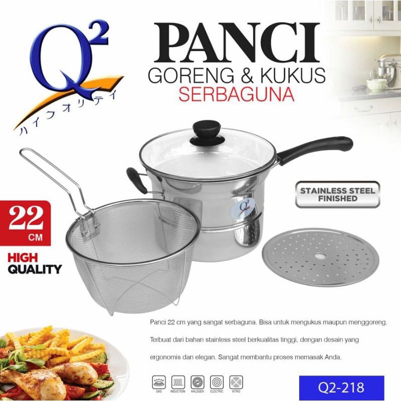 PANCI GORENG & KUKUS SERBAGUNA 22CM Q2 Q2-218 PANCI STAINLESS TUTUP KACA SARINGAN