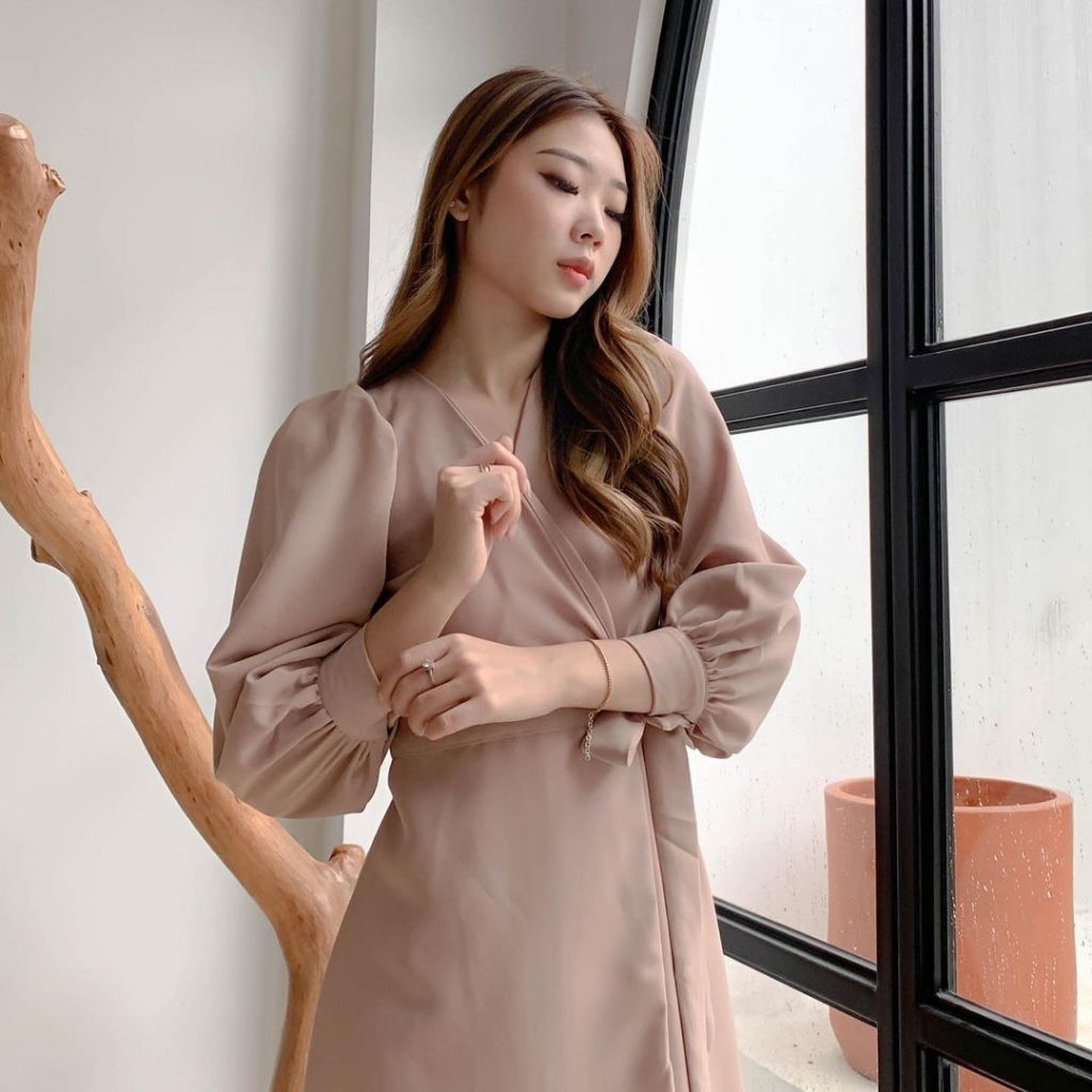 AURORA LONGSLEEVE PUFFY DRESS PREMIUM KOREA - MINI DRESS SEXY - DRESS TANGAN PANJANG - DRESS KIMONO WITH BELT - DRESS PESTA / KONDANGAN - GLAM DRESS - HADIAH / KADO ULTAH WANITA