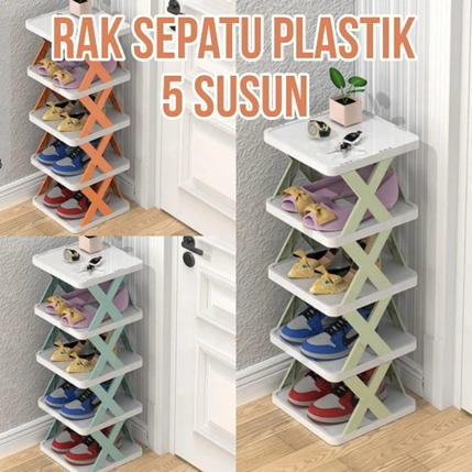 Rak Sepatu Sandal Plastik Rakit Lipat Portable Model X Silang 5 Susun  5 Tingkat Bahan Shoe Rack Plastic Penyimpanan Sendal