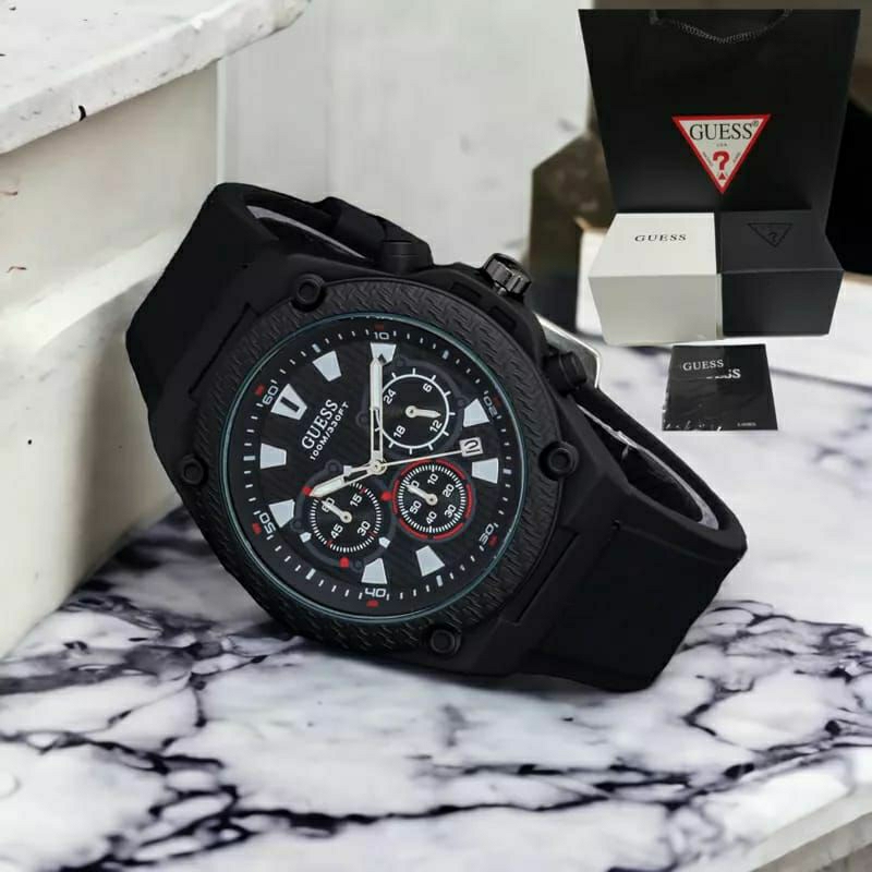 JAM TANGAN GUESS PRIA CHRONOGRAPH RUBBER WATER RESISTANCE KASUAL