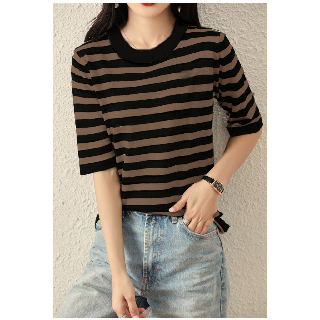 Round neck big stripe knit blouse black-mocca