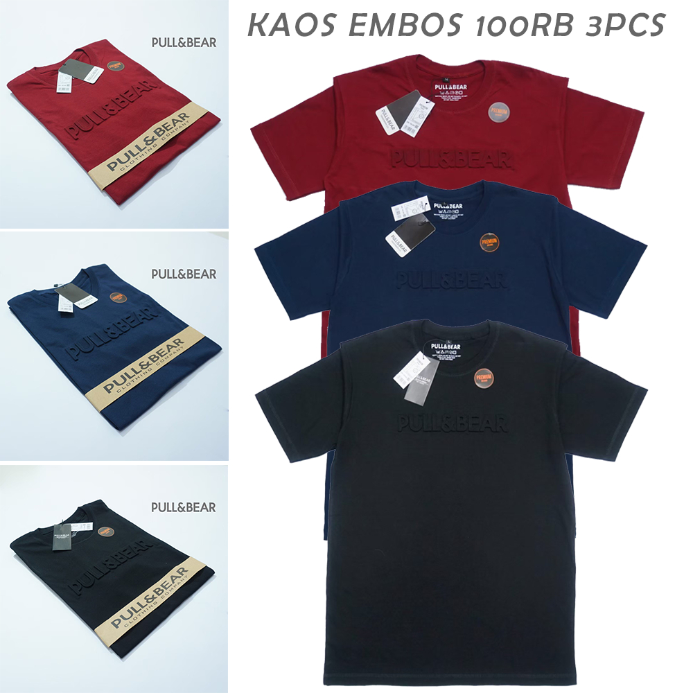 100rb 3pcs T-Shirt Kaos Embos Pull and Bear Sablon Timbul M - L - XL - XXL SIZE JUMBO Premium Quality..