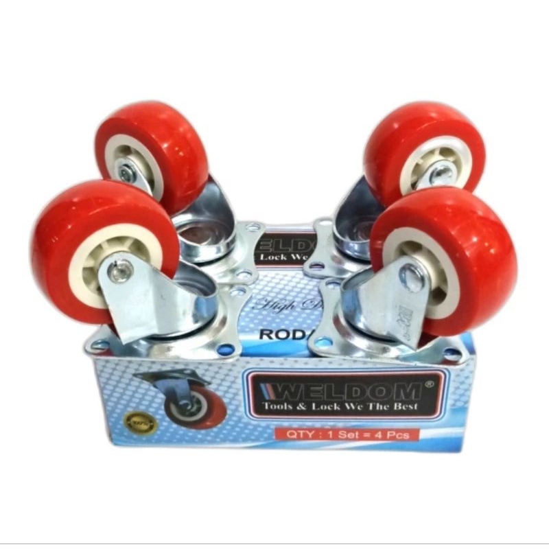 Roda Gepeng Nylon Merah Putih 2inchi Hidup + Rem isi 4pcs