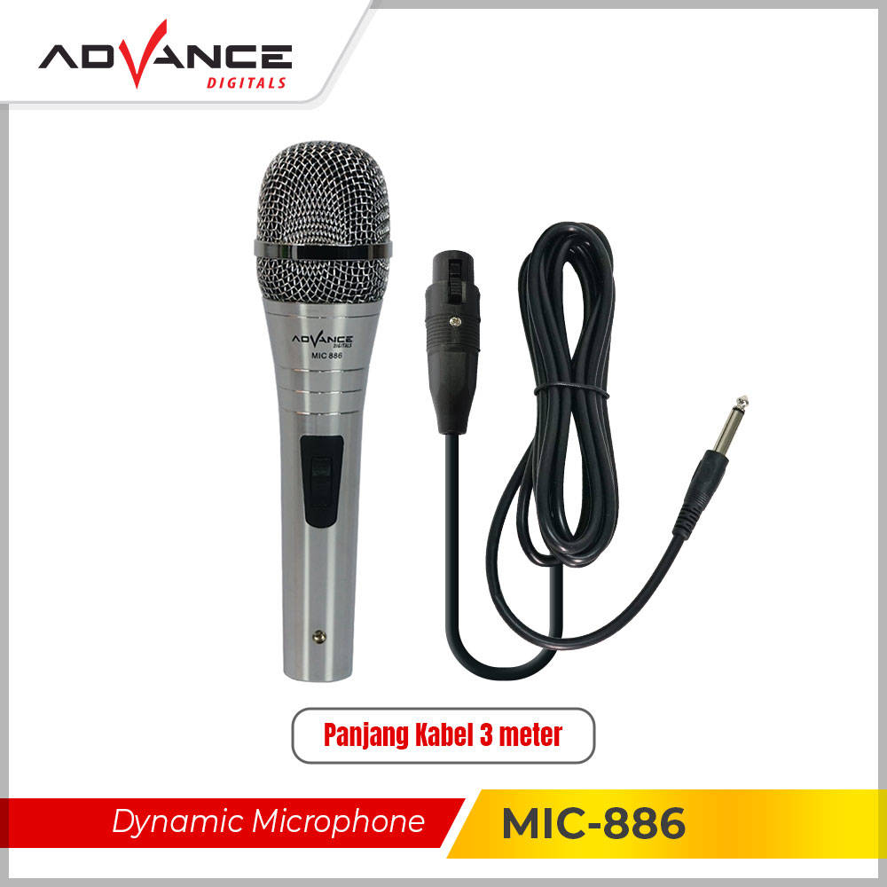 Advance Mic karaoke Mic-886 Mic kabel suara jernih Microphone karaoke / kabel jack 6.5mm | Mic Kabel Bodi Besi Silver Jack Besar 6.5mm Karaoke Panjang ADVANCE MIC-886 | FMS