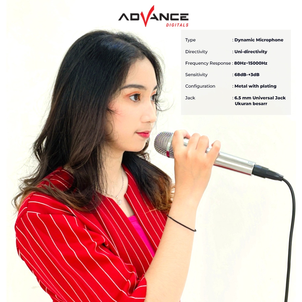 Advance Mic karaoke Mic-886 Mic kabel suara jernih Microphone karaoke / kabel jack 6.5mm | Mic Kabel Bodi Besi Silver Jack Besar 6.5mm Karaoke Panjang ADVANCE MIC-886 | FMS