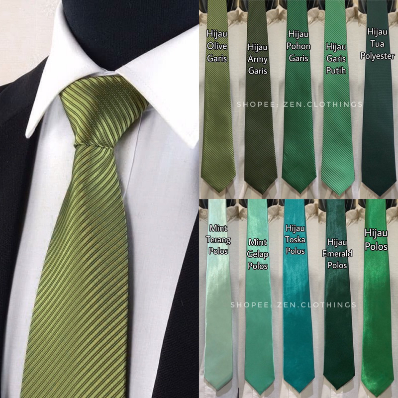 Dasi Panjang Pria Dewasa Warna Hijau Muda Olive Lime Terang dan Mint Ijo Army Gelap Green Emerald Tua Hijau Toska Sage Polos dan Motif Garis