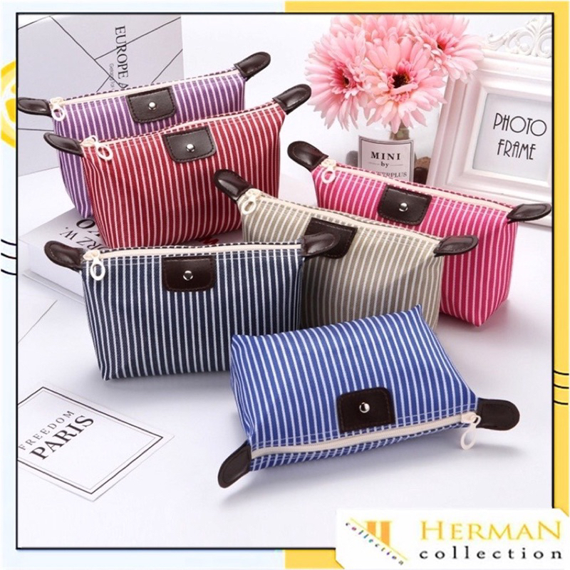 bgskinbukittinggi- Tas Pouch Kosmetik Makeup Alat Mandi Organizer Anti Air Motif Garis Kosmetik Pouch Garis Belang Murah Import