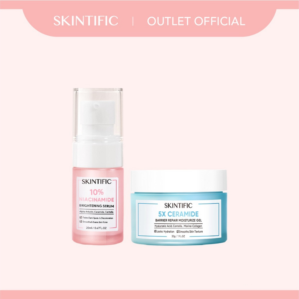 SKINTIFIC 2pcs Glowing Barrier Set - 10% Niacinamide Brightening Serum Facial Serum Whitening Lightening Serum Mencerahkan Dark Spot Serum &amp; 5X Ceramide Barrier improve Moisture Gel Pelembab Wajah Moisturizer Night Cream